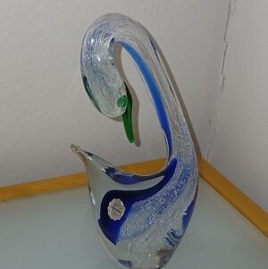 Elegant Blue and Green Signed Vintage Glass Swan Sculpture Murano 9.5 Inch